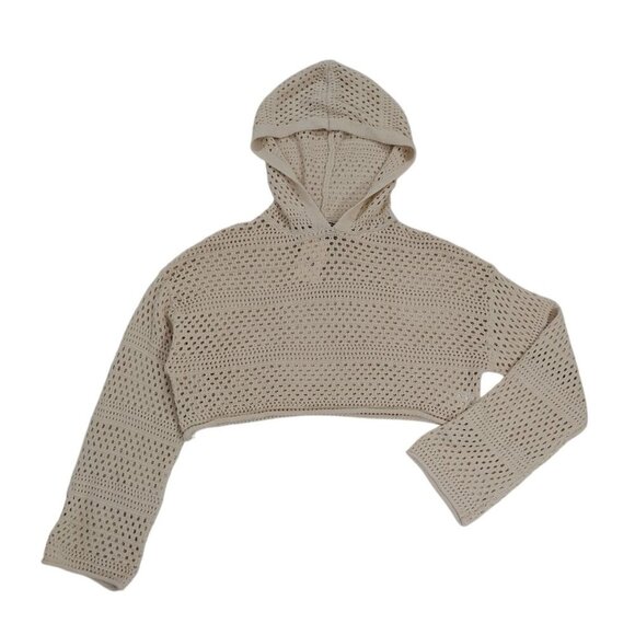 Open Knit Beige Cropped Hoodie Sweater By Sincerely Jules, XS Women Lightweight. - Picture 1 of 8